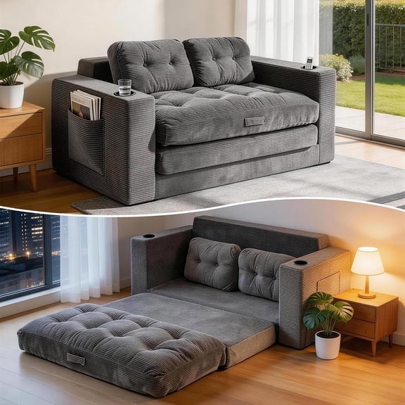 Loveseat Sleeper Sofa Bed, Boneless Convertible Corduroy Pull Out Couch with Cup Holders and 2 Pillows, Space Saving Sofa Bed for Small Spaces, Living Room, Bedroom (Grey)