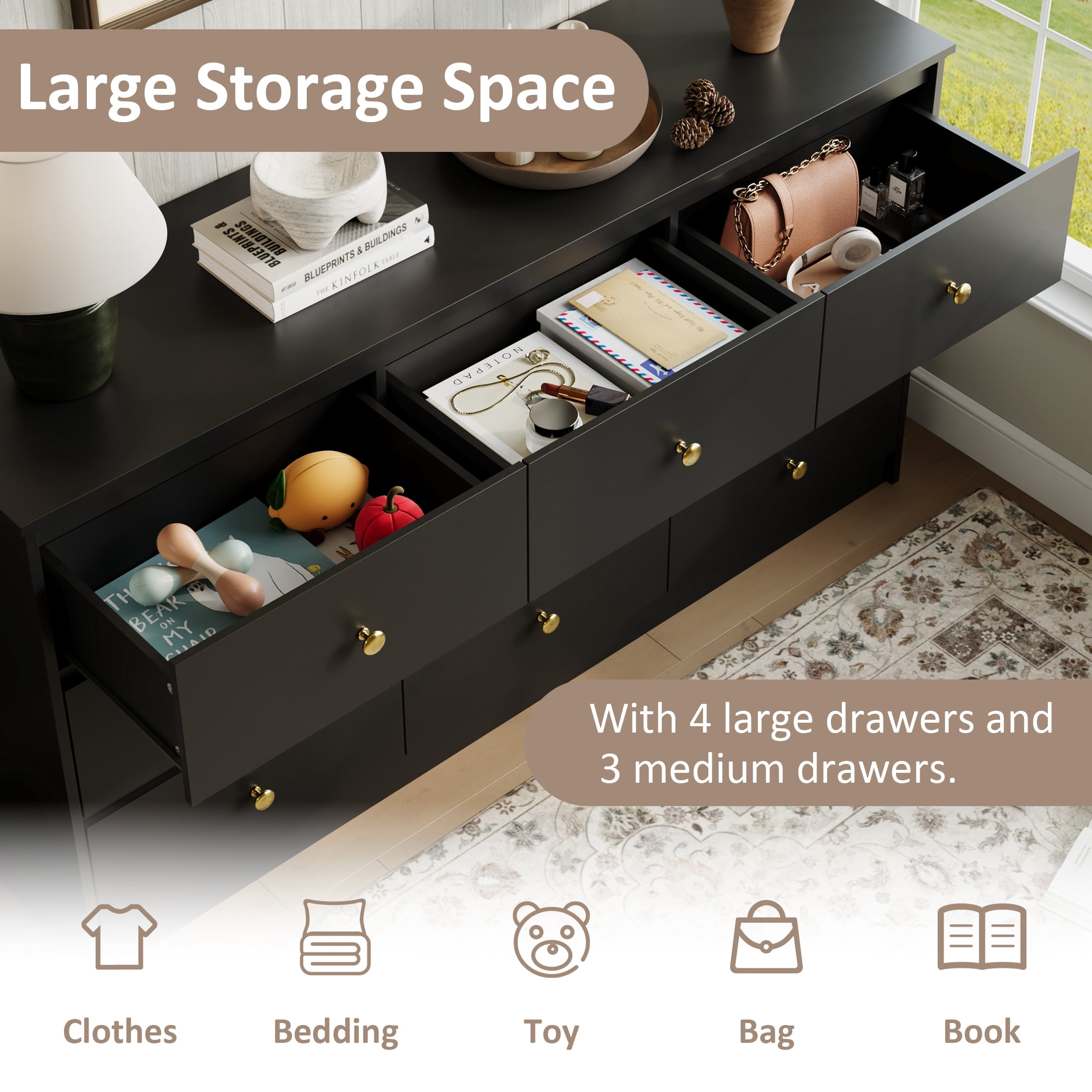 YouTrend 9 Drawer Dresser for Bedroom, Black Wood Adult Dresser with Metal Handles for Living Room, Hallway