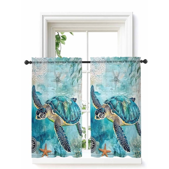 Turquoise Turtle Curtains 45 Inch Length, Sheer Curtains for Bedroom Living Room Window Farmhouse Coastal Starfish Seaweeds Rod Pocket Voile Drapes Kitchen Curtains Small Half Window 42"x45" 2 Panels