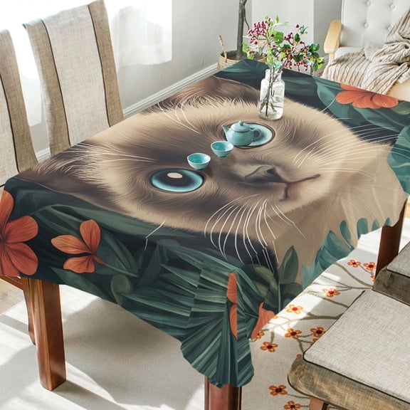 Yayeee Tablecloths for Rectangular Tables 54 x 54 inch Party Table Cover, Flowers and Cat