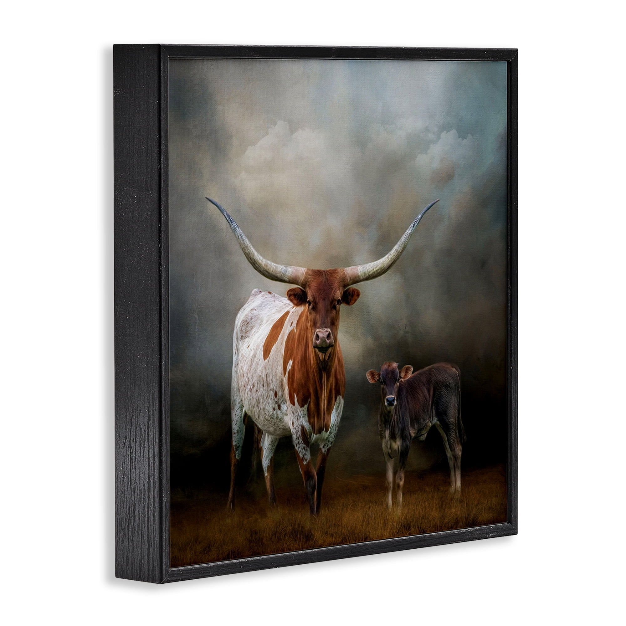 Stupell Industries Longhorn & Calf Babysitter Animals & Insects Painting Black Framed Art Print Wall Art, 24 x 24