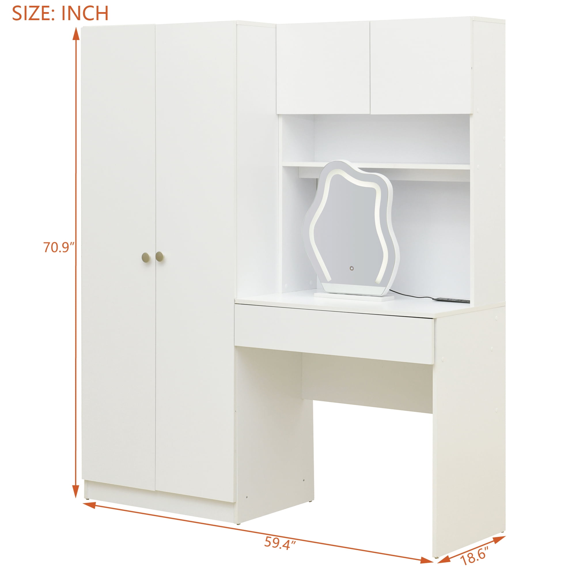 2-Door Wooden Storage Vanity Wardrobe for Bedroom with Makeup Mirror and Drawers