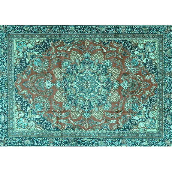 Ahgly Company Machine Washable Indoor Rectangle Medallion Turquoise Blue Traditional Area Rugs, 6' x 9'