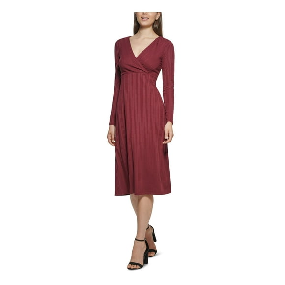 kensie Robes Womens Marron Tricot Côtelé Pull à Manches Longues Surplis Décolleté Midi Porter à la Robe de Travail S
