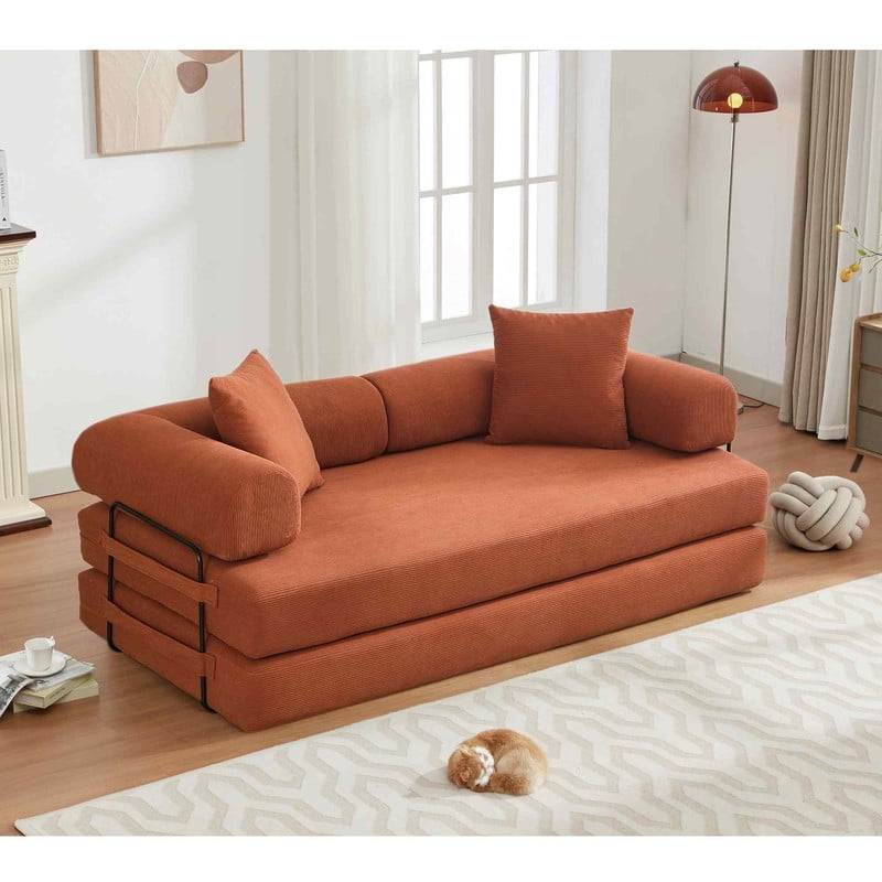 Timbernest 78.5" King Size Sofa Bed, 4 in 1 Convertible Sofa bed, Corduroy Boneless Floor Sleeper Sofa, Orange