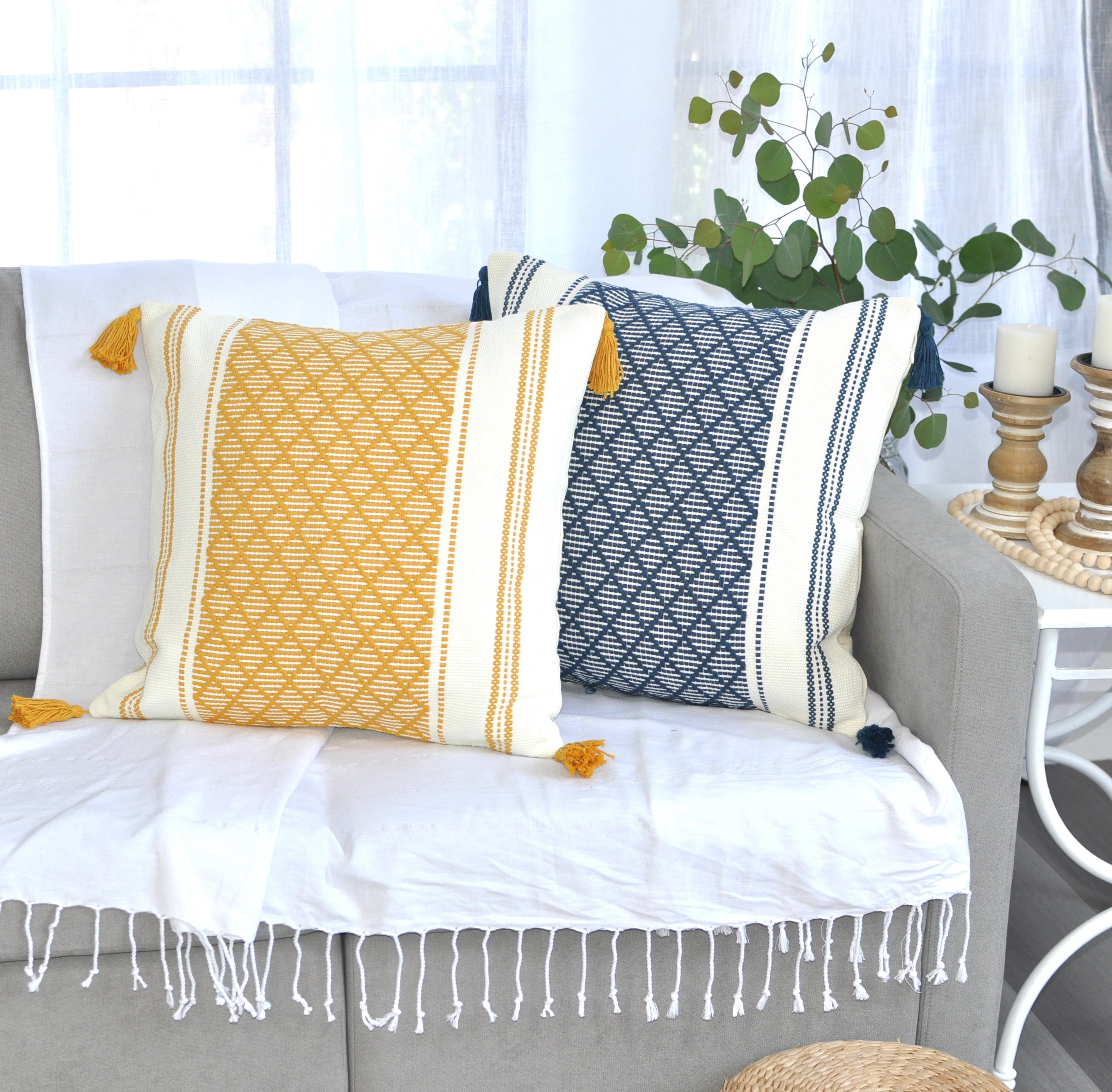 Decorative Throw Pillow Covers with Tassels, 18x18 Inches (Set of 2), Mustard Yellow/Cream | Checkered Pattern Boho Pillow Covers | Farmhouse Woven Pillow Cases | Natural Accent Cushion Covers