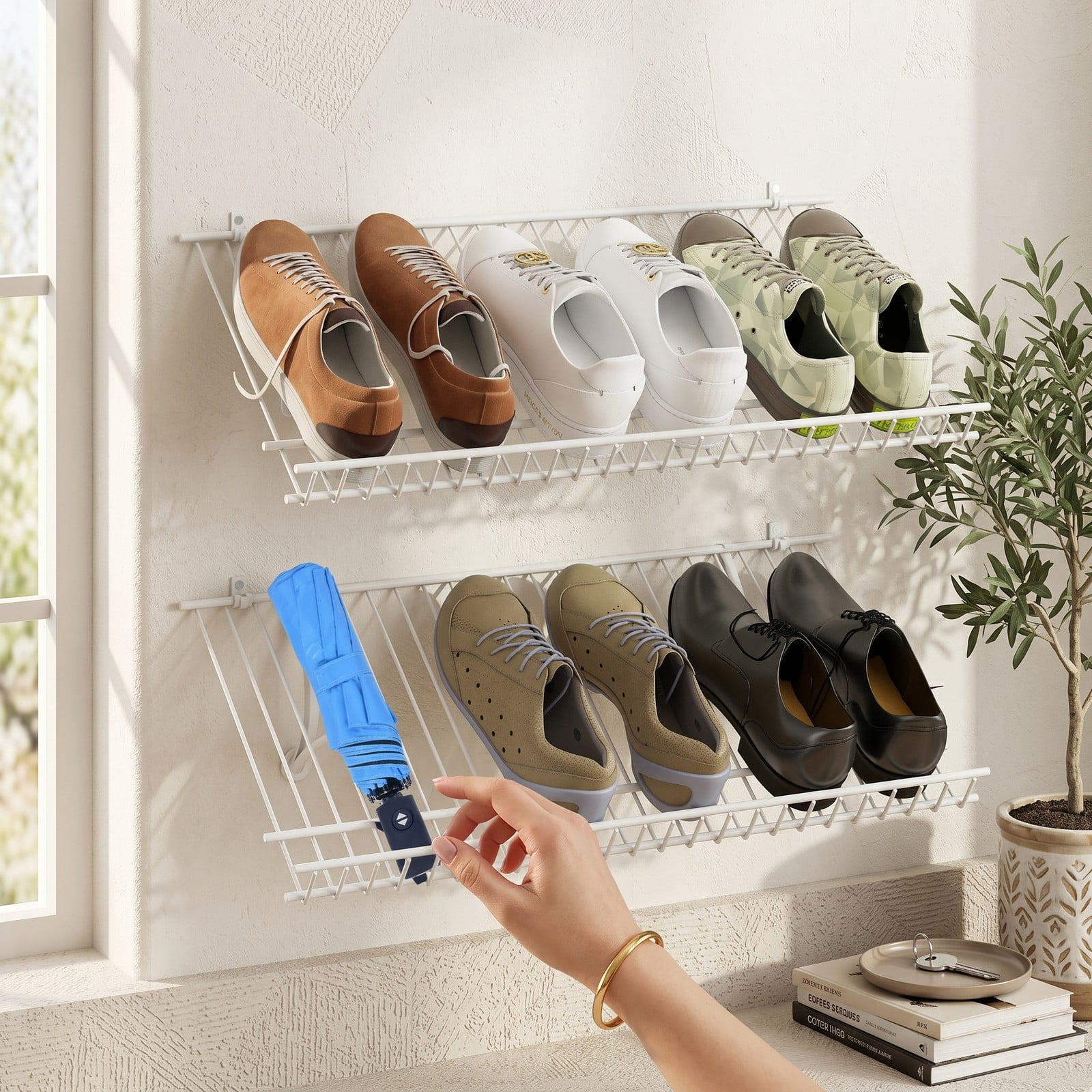 Furnibear Set of 2 Wall Mounted Metal Wire Closet Shelves and Shoe Racks for Entryway and Small Closet Organization, White