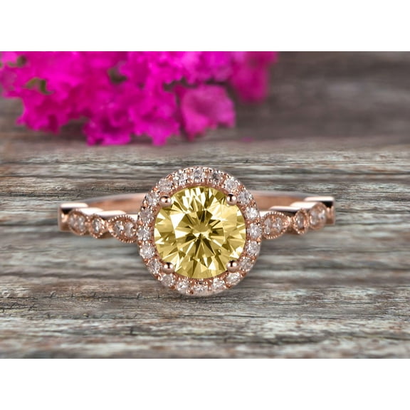 6mm Round Cut 1.75 Carat Halo Champagne Diamond Moissanite Engagement Ring Classic Vintage Art Deco 10k Solid Rose Gold