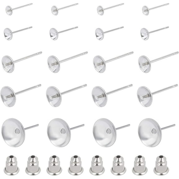 300pcs 5 Sizes Round Blank Peg Stud Earrings Stainless Steel Earring Findings Settings with Ear Nuts 0.4mm Pin Ear Studs for Earring Jewelry Making Stainless Steel Color DIY