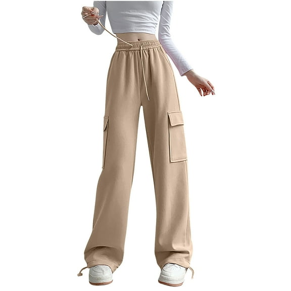 OSFVNOXV Wide Leg Cargo Pants for Women Fleece High Waist Casual Pant Winter Cozy Trouser with Elastic Waistband