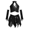 thumbnail image 3 of Alvivi Kids Girl Jazz Hip Hop Dance Costume Shiny Metallic Sleeveless Metallic Crop Top with Skirt and Gloves Black 10, 3 of 7