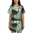thumbnail image 1 of Xecao Majestic Ostrich In Forest Pattern Women's Short Sleeve Pajama Set Soft Sleepwear Lounge Set with Button Front Top and Drawstring Shorts with Pockets-Medium, 1 of 6