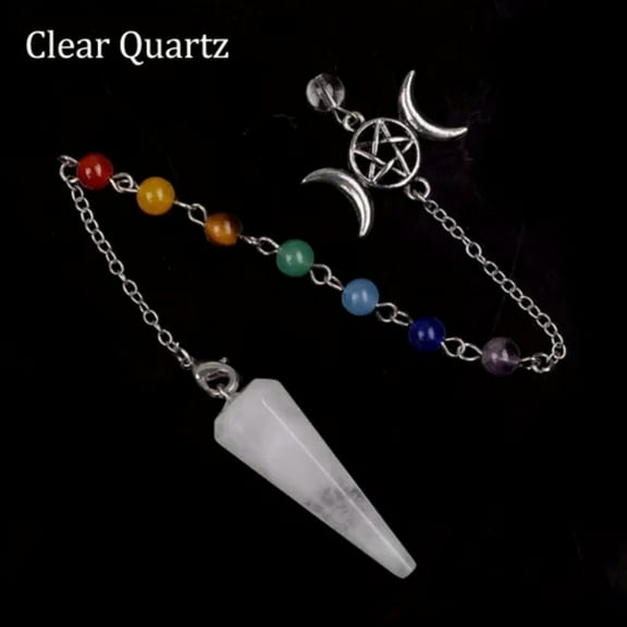 HOOUN 7 Chakra Beads Natural Stone Crystal Pendulum Hexagonal Reiki Healing Pendant-Clear Quartz