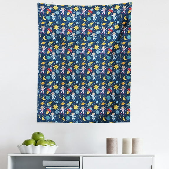 Space Tapestry, Cosmonaut Girl and Boy Siblings in Space Futuristic Moon Sun Adventure Caricature, Fabric Wall Hanging Decor for Bedroom Living Room Dorm, 5 Sizes, Multicolor, by Ambesonne