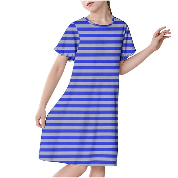 CYRBOKO Girls Dresses, Short Sleeve Soft Striped Casual Girls Pajamas Blue Size 10-12 T