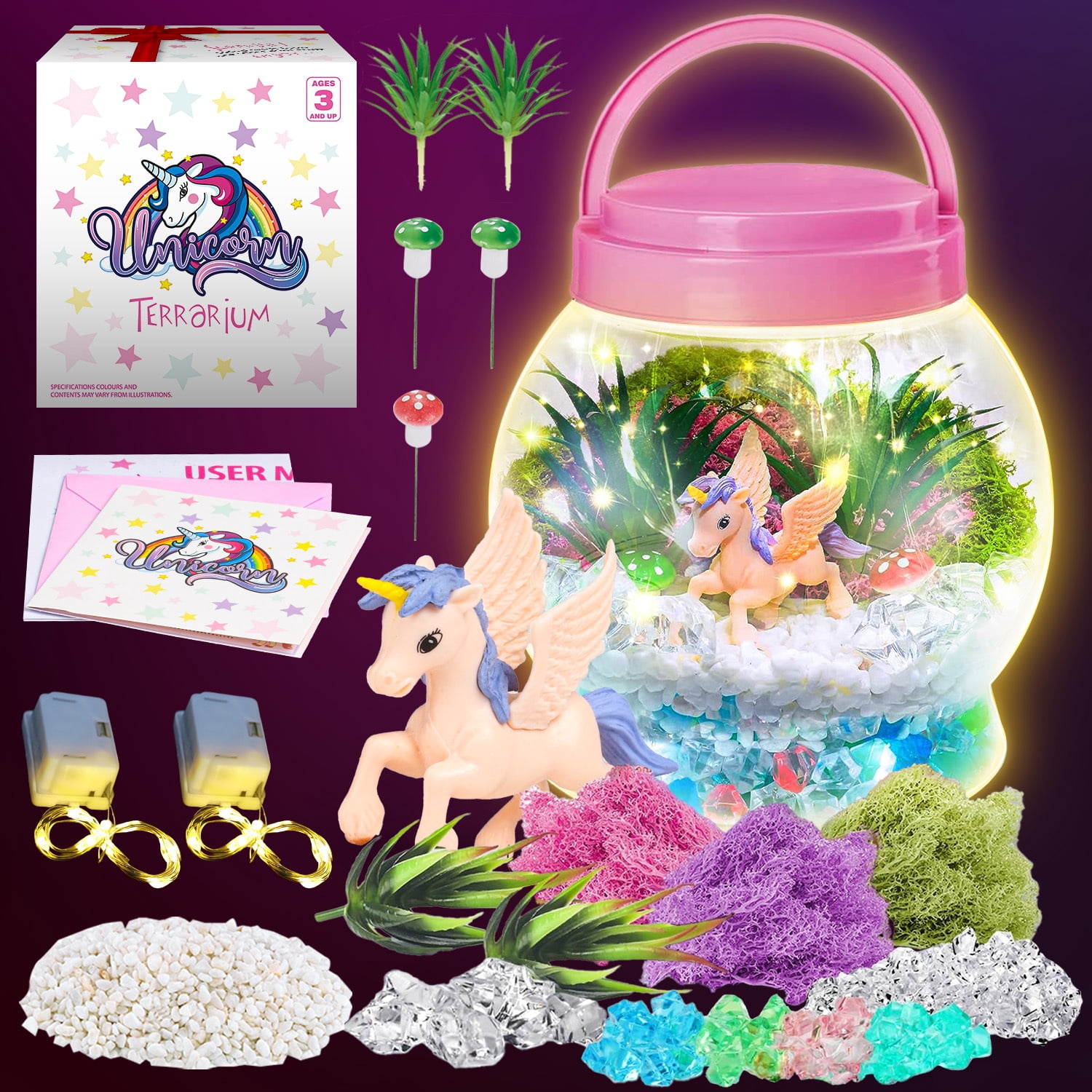 Kit de terrarium lumineux licorne pour enfants – Veilleuse LED – Cadeau d'anniversaire pour filles de 4, 5, 6, 7, 8 à 12 ans – Jouets licorne pour