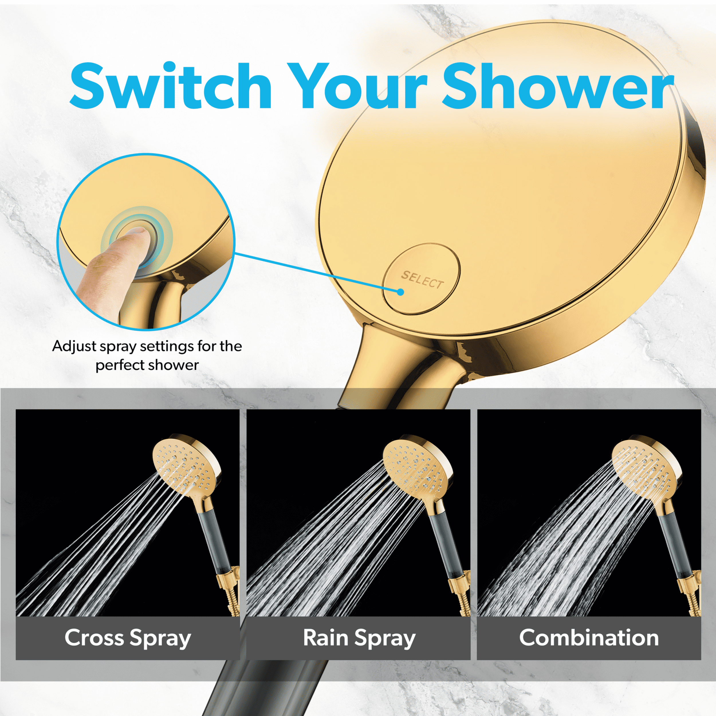 BLACK+DECKER Handheld Shower Head w/ 3 Spray Settings, Water Filter, & Stainless Steel Hose, Gold