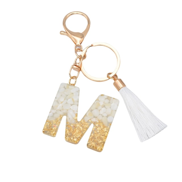 Crystal Drop Pendant Key Chain with Custom Letter and White Tassel for Bags or Keys