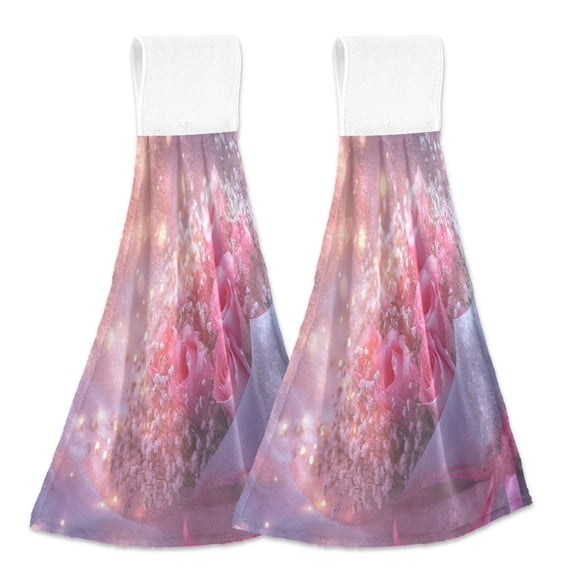 BZSMCE Hanging Hand Towels Fashion Pink Roses Bouquet with Lights Pattern 2-Pack - Velcro Style Bathroom Kitchen Towels