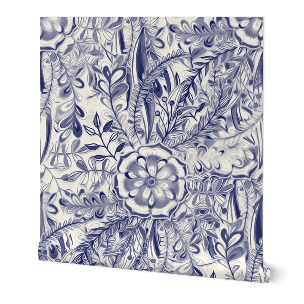 Wallpaper Roll Navy Blue Florals Botanical Painted Doodle Nature 24in x