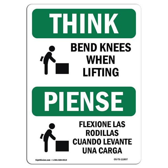 SignMission OS-TS-A-1218-L-11807 12 x 18 Po Signe de Pensée OSHA - Plier les Genoux en Levant Bilingue