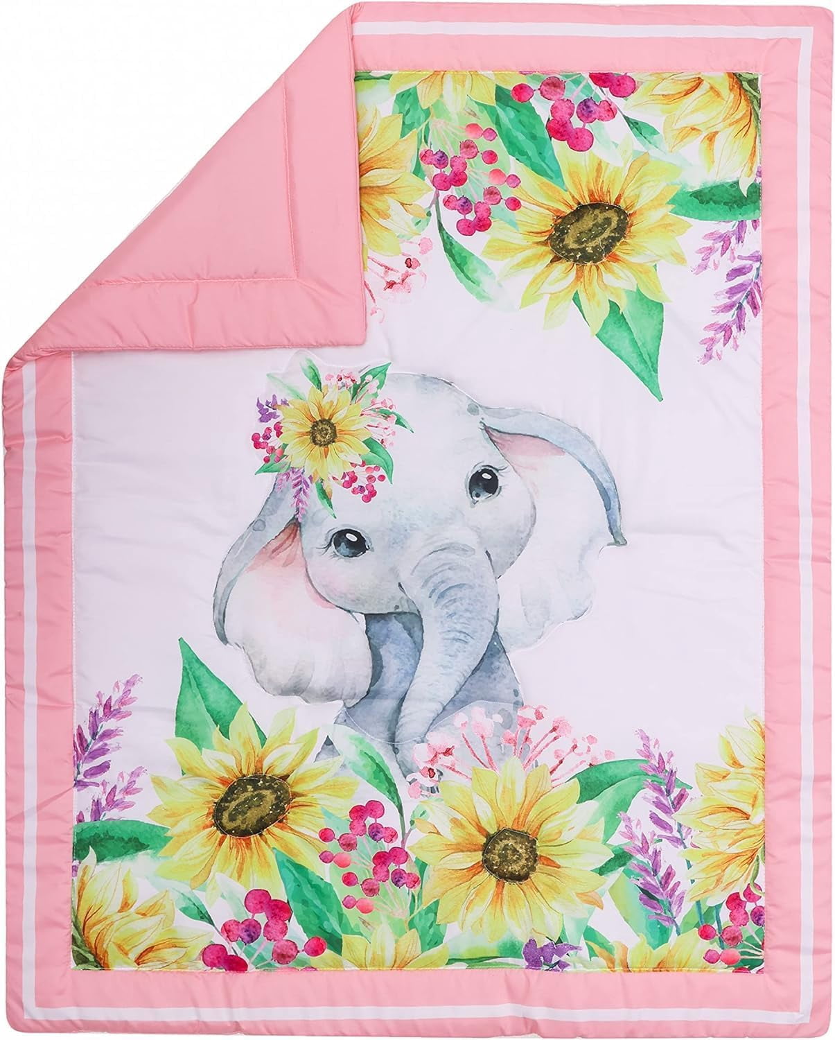Sweet Baba Elephant Crib Bedding Set 4 Piece, Baby Nursery Bedding Sets Including Crib Quilt, Crib Skirt, Crib Sheet, Blanket, Pink Crib Sets for Girls