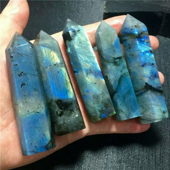 EOEMY 10Pcs Natural Labradorite Quartz Crystal Point Wand Healing Mineral Rock 70-80mm