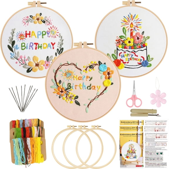 PLNYA Birthday Cake Embroidery Kits for Beginners - 3-Piece Hand Embroidery Kit with Hoops, Needles, Scissors - DIY Needlepoint Kits for Adults, Wall Decor Gift Set