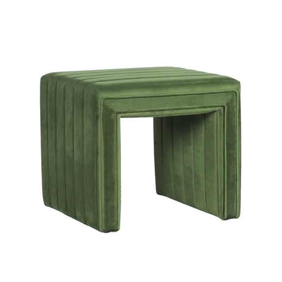 Ada Footstool Ottoman with Channel Tufted Green Velvet, 19 Inch