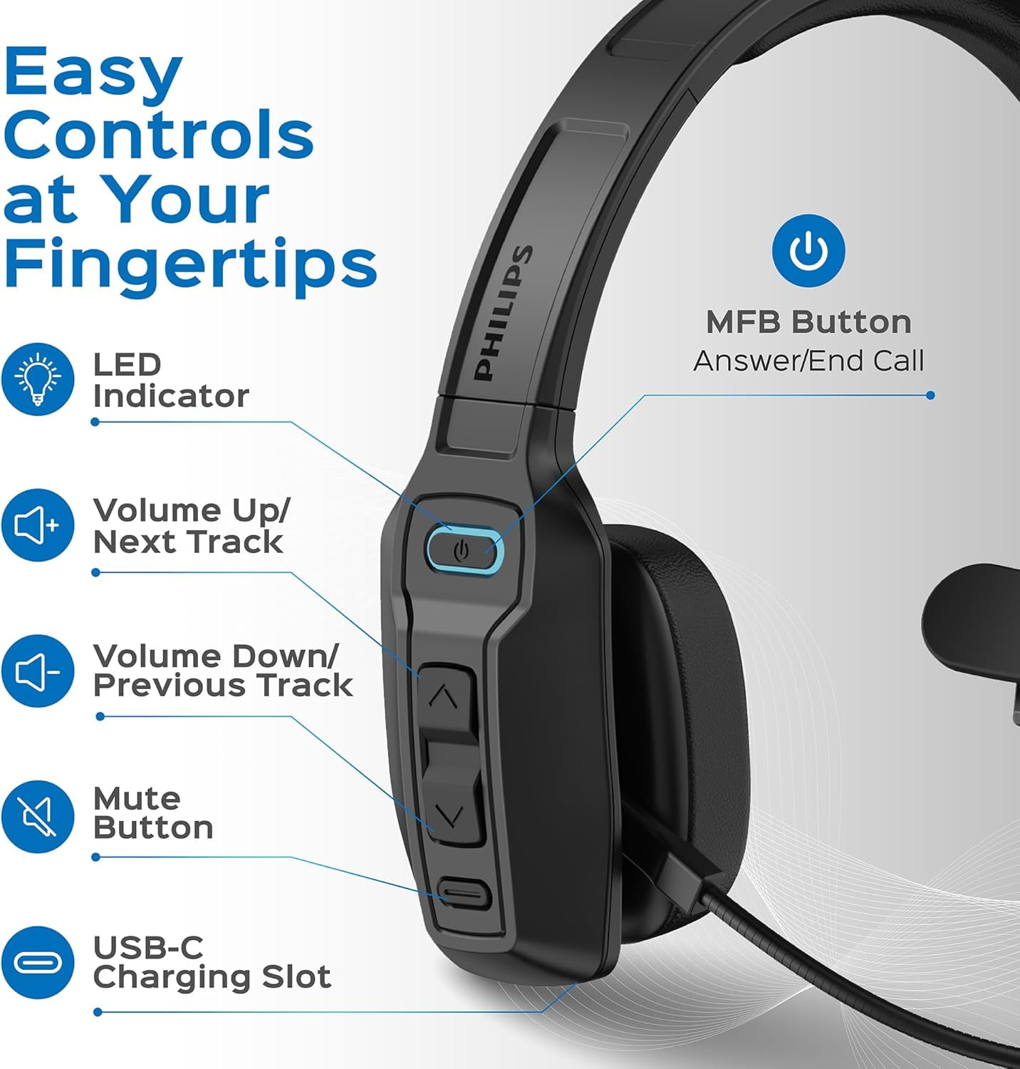 Philips Bluetooth Trucker Headset, Wireless Mono Headset with