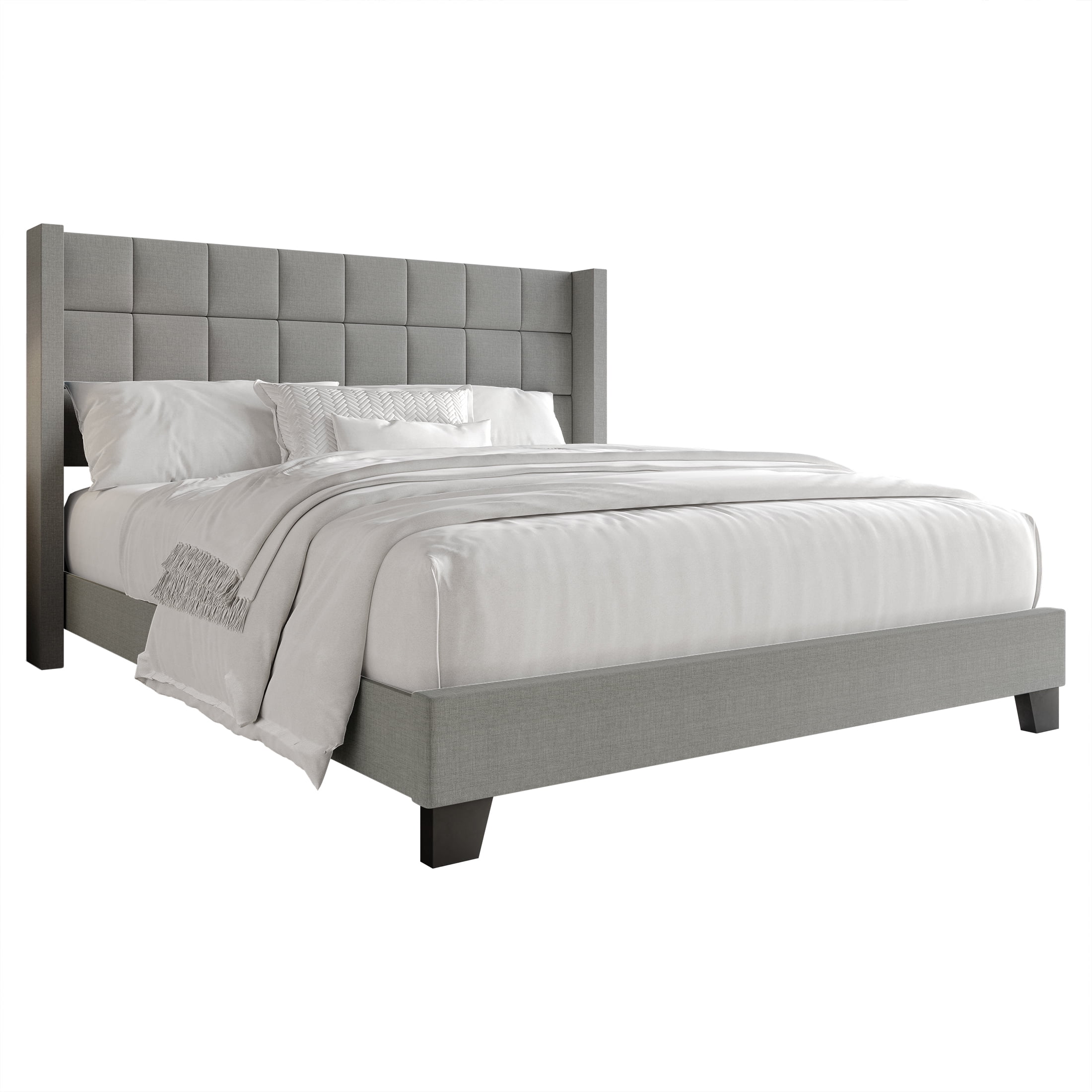 Castle Place Elegant Wingback Linen Upholstered Twin Bed, Light Grey