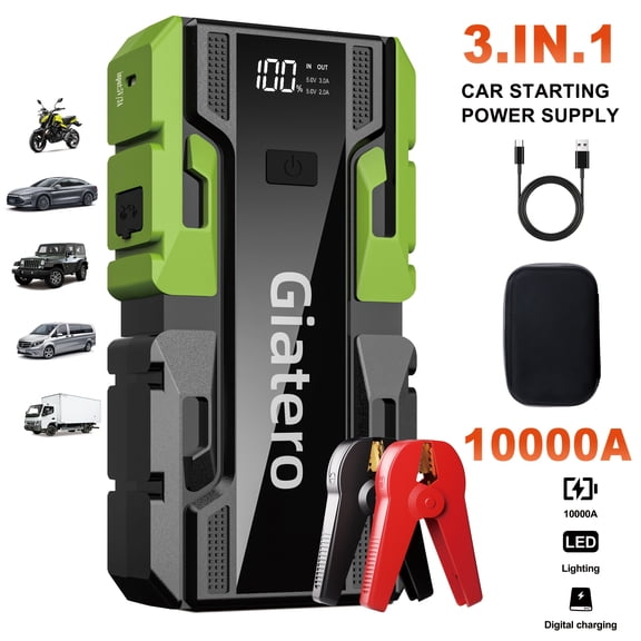 Giatero 10000A Smart Portable Car Jump Starter Battery Pack, 12V Jumper Starter with LED Display and LED Light, Power Bank with USB, Type C Port