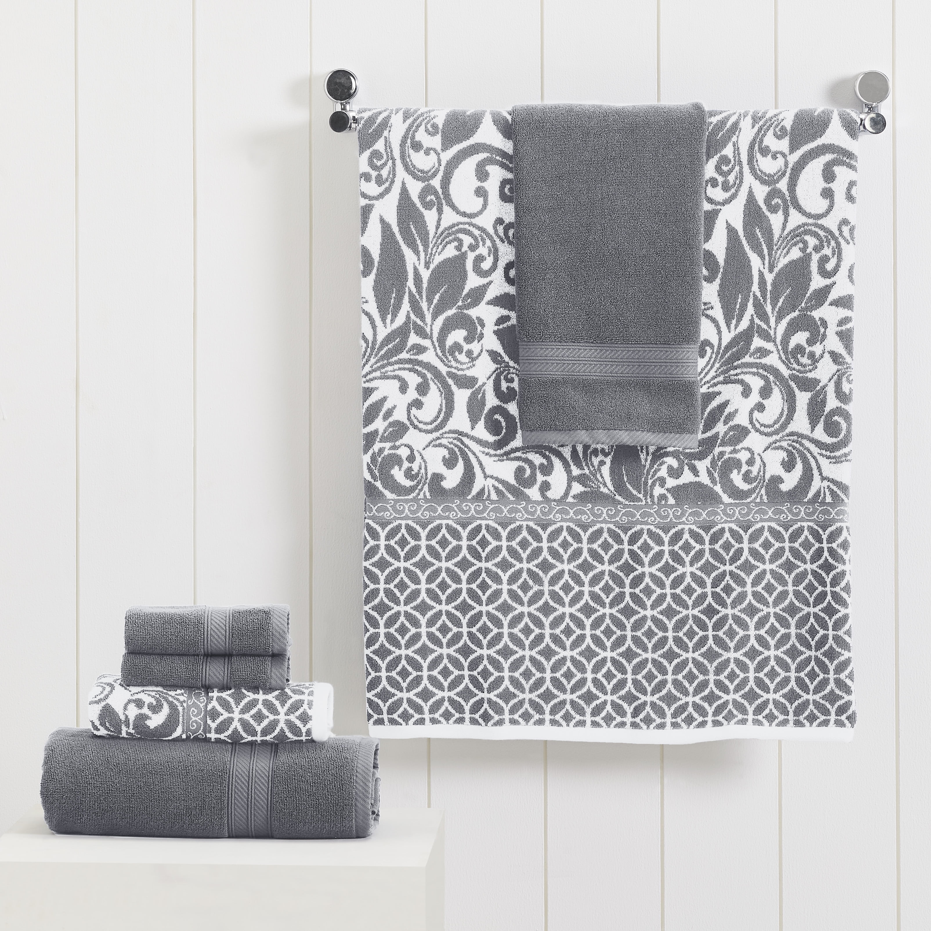 Pacific Coast Textiles Trefoil Filigree 6-Piece Cotton Adult Bath Towel Set, Platinum