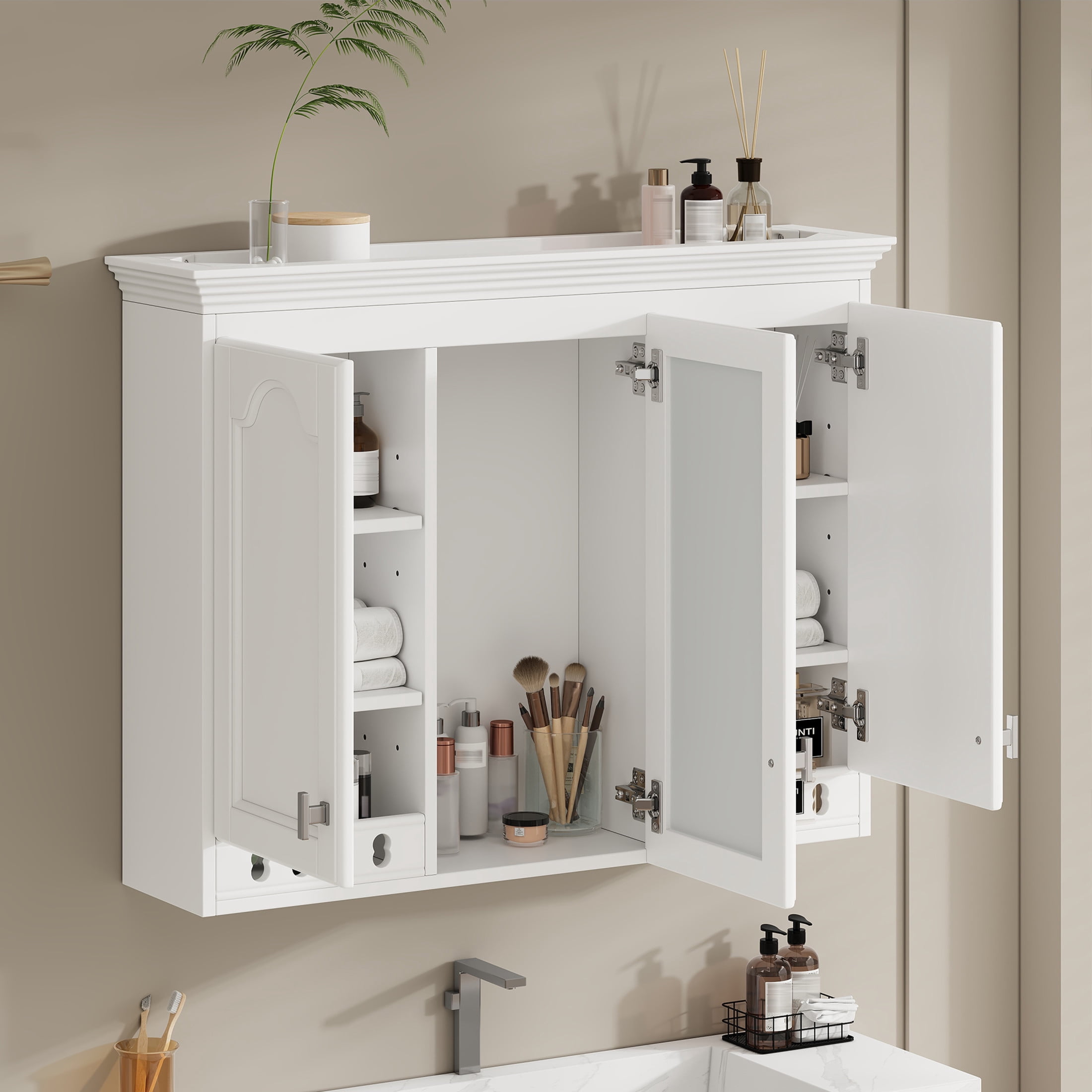 Noble House 35" Wall Mounted Mirror Cabinet with Adjustable Shelves, Soft-Close Hinges, White