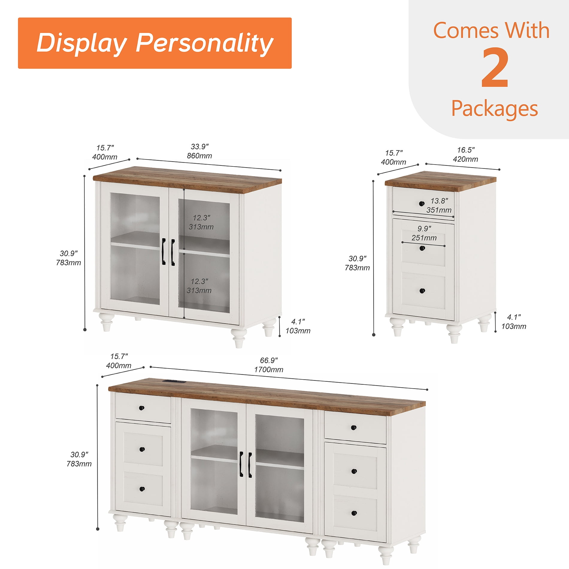 TV Stand for Up to 75 Inch TV, White Wooden Entertainment Center with Charging Station & Glass Door, Buffet Cabinet for Living Room & Dining Room