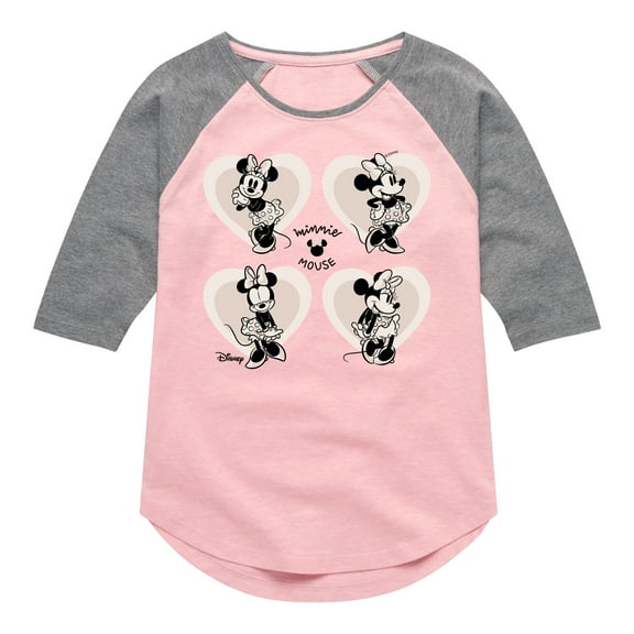 Disney - Mickey & Friends - Minnie Mouse - Sweet Innocent Poses - Toddler And Youth Girls Raglan Graphic T-Shirt