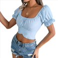 thumbnail image 2 of Blusa Informal de Verano con Cuello Cuadrado, Mangas y Hombros Descubiertos para Mujer, con Volantes y Lazo en la Espalda. Azul XL, 2 of 10