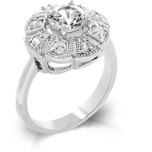 White Gold Rhodium Antique Milligrain Style Ring featuring CZ Cluster with Round CZ Center Stone - Size 7