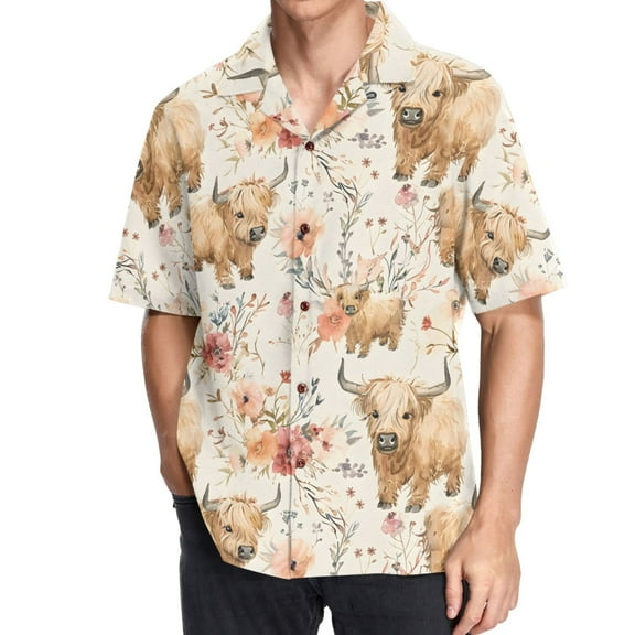 joogoo Men's Hawaiian Shirt Cute Highland Cows Short Sleeve Casual Button Down Shirts M