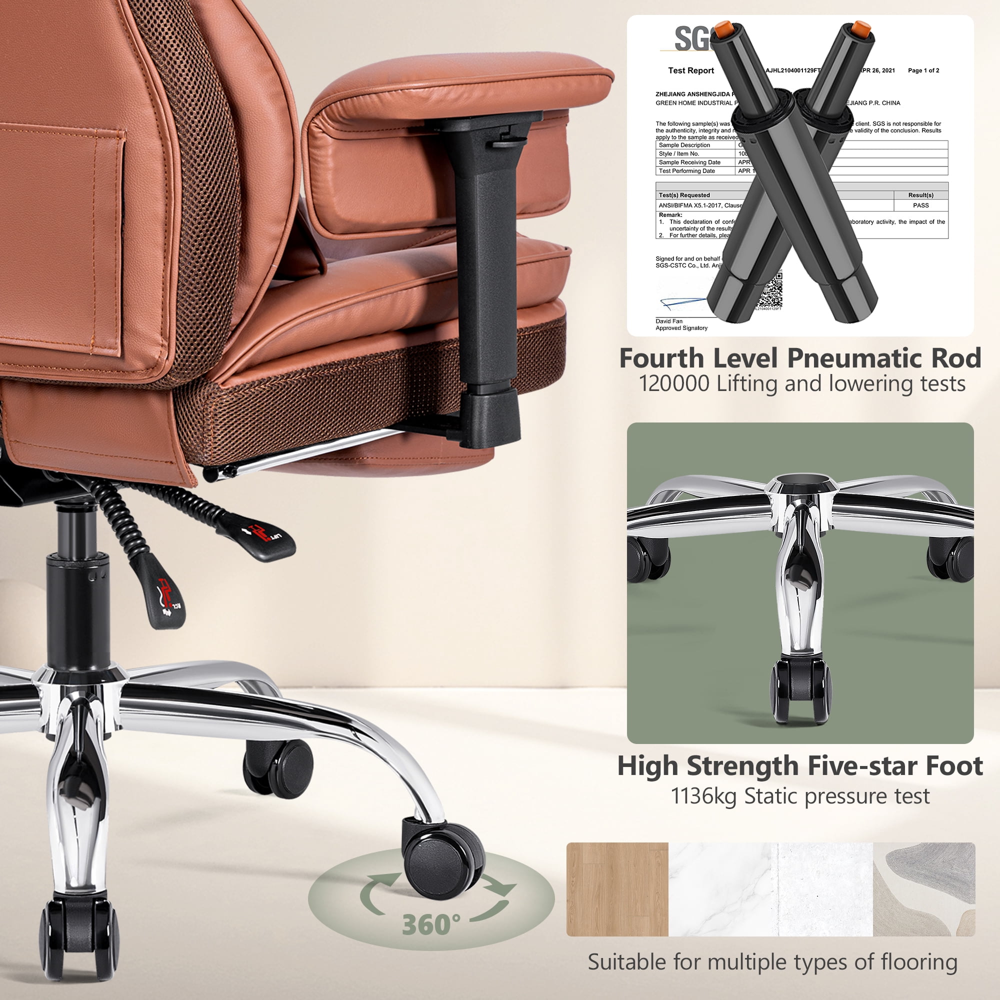 COOLHUT Big and Tall PU Leather Office Chair with Adjustable Headrest & Footrest, Executive Computer Desk Chair with 3D Adjustable Padded Armrest, Ergonomic Office Chair with Lumbar Support, Brown