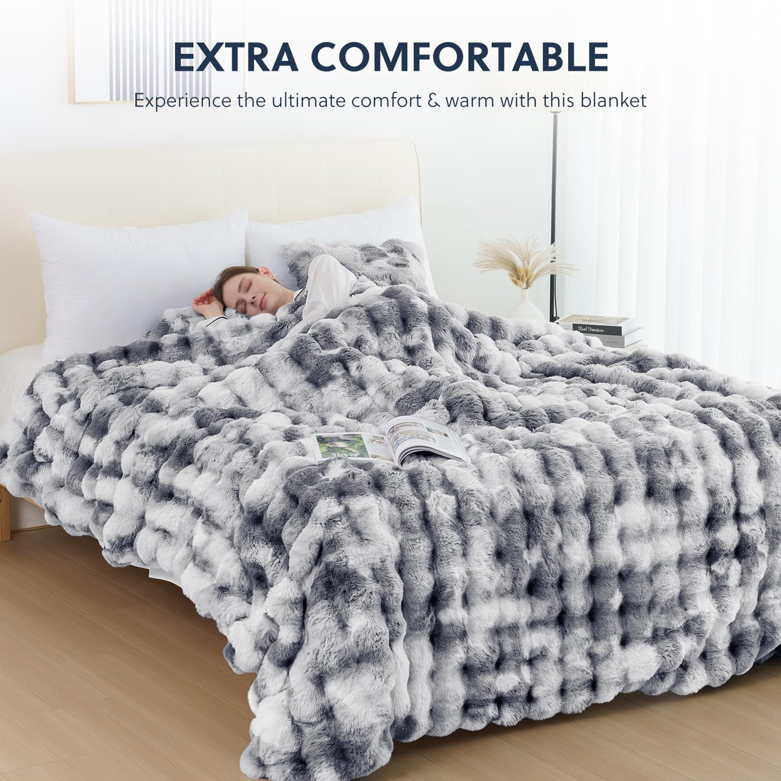 Cozylore Faux Fur Throw Blanket for Couch Luxury Fluffy Thick Bubble Blanket Warm Cozy Throw for Bedroom Living Room, 50" x 60", Tie-Dye Gray