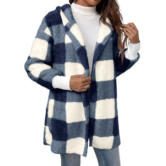 Women'S Coat Winter Warm Hooded Plaid Mid-Length Plush Cardigan Jacket Plush Plaid Cotton Coat Winter Coat Outerwear