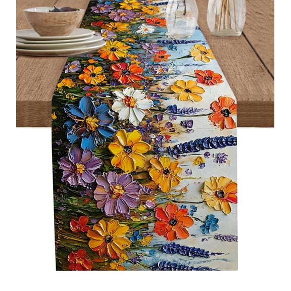 Hokiten Table Runners 120 Inches Long Dress Scarves, Retro Botanical Blossom Farmhouse Coffee/Dining/Kitchen Table Runner for Living Room, Oil Painting Abstract Flowers 13x120 Inch