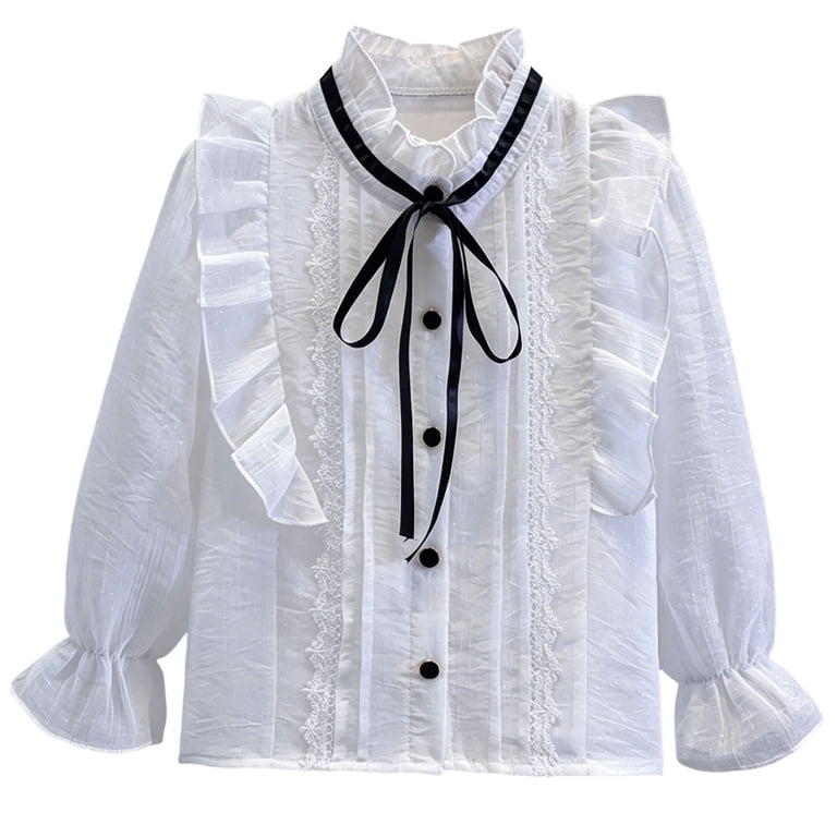 Fengqque Girls' Long Sleeve Blouse Ruffle Mock Neck Black Satin