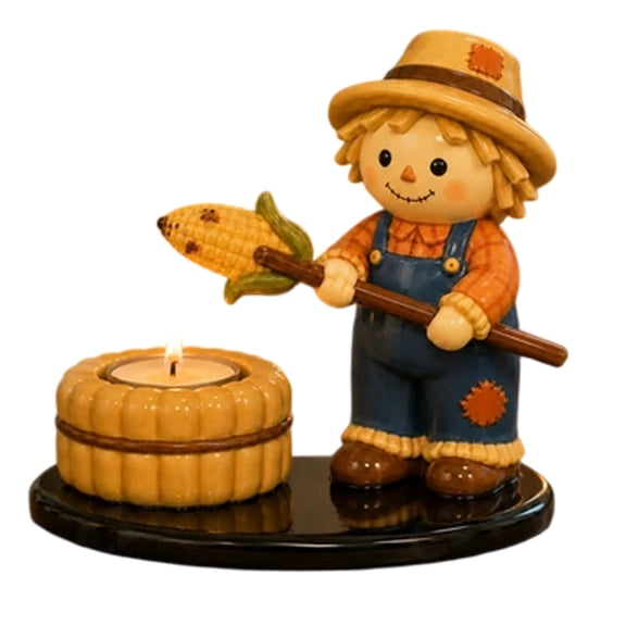 BingTong Fall Harvest Tealight Candle Holder, Resin Mummy & Scarecrow Figurine with Roasting Corn Marshmallow Stick, Mini Bonfire Base Halloween Thanksgiving Desktop Decor Ornament