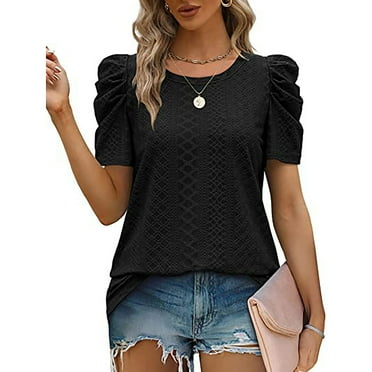 Puff Sleeve Blouse Round Collar Short Sleeved Pure Color Loose Tunic Blouse Shirt for Summer Black XL
