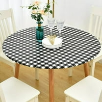 Vinyl Fitted Round Table Cover with Elastic, Black and White Checkered Tablecloth with Flannel Backing Plaid Table Cloth for Indoor Outdoor Picnic Party (Fit for 43"-56" Round Tables)