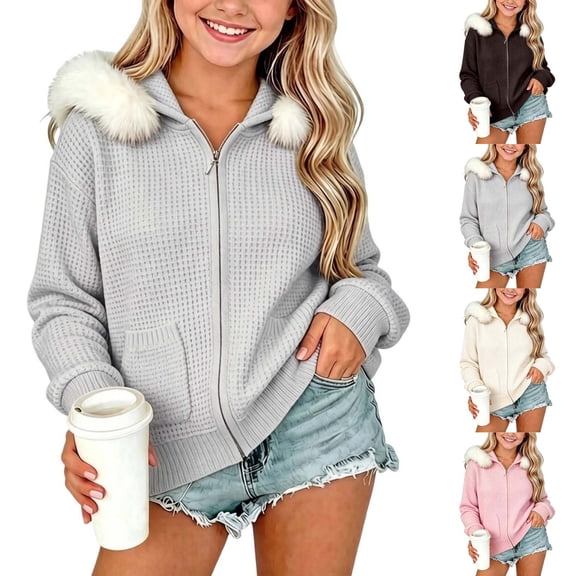 Acaics Girls' Faux Fur Hood Waffle Knit Jacket: Full Zip Casual Hoodie with Front Pockets for Teens Ages 7–15