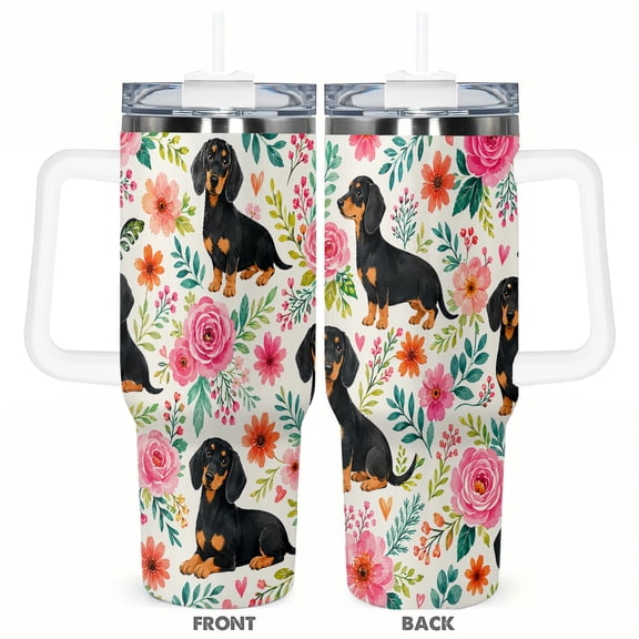40oz Floral Dachshund Dog Tumbler Insulated Car Cup Cute Puppy Travel Coffee Cup Gift for Women