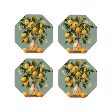 

Coasters Set of 4 - Retro Warm Lemon Flower Drink Coasters for Tabletop Protection Leather Coasters for Living Room Decor and Housewarming Gift Octagon